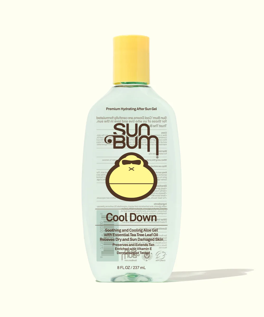 Sun Bum Cool Down Aloe Vera Gel in translucent squeeze bottle with yellow branding and Sonny mascot