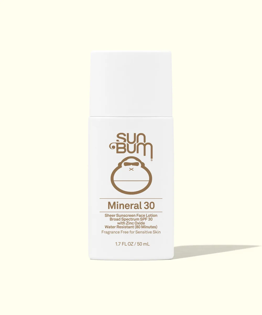 Sun Bum Mineral SPF 30 Sunscreen Face Lotion in yellow squeeze tube with Sonny mascot