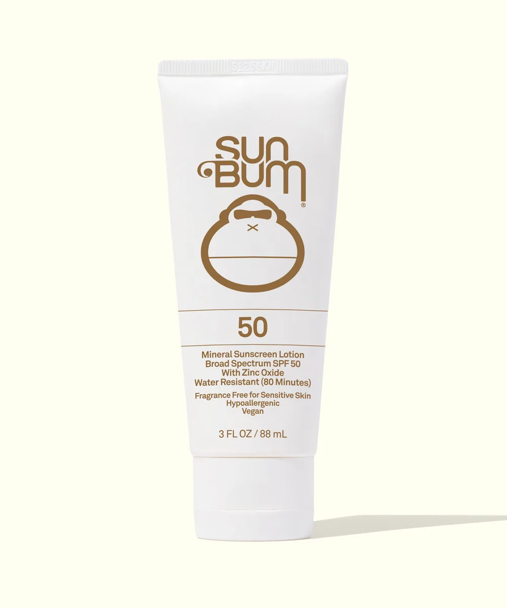 Sun Bum Mineral SPF 50 Sunscreen Lotion in yellow squeeze tube with Sonny mascot