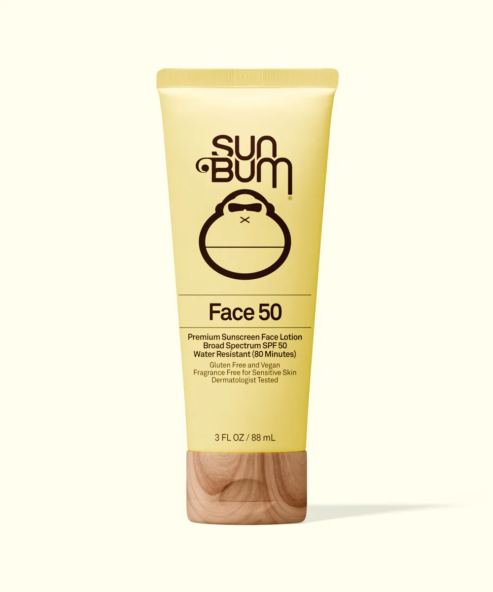 Sun Bum Original SPF 50 Sunscreen Face Lotion in a white squeeze tube with yellow Sun Bum branding