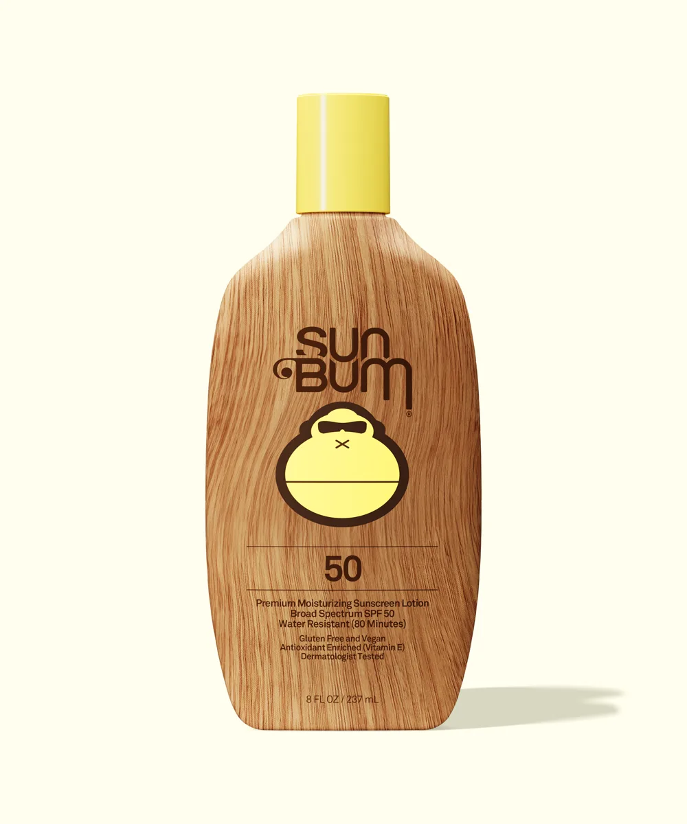 Sun Bum Original SPF 50 Sunscreen Lotion in its iconic yellow bottle with Sonny mascot