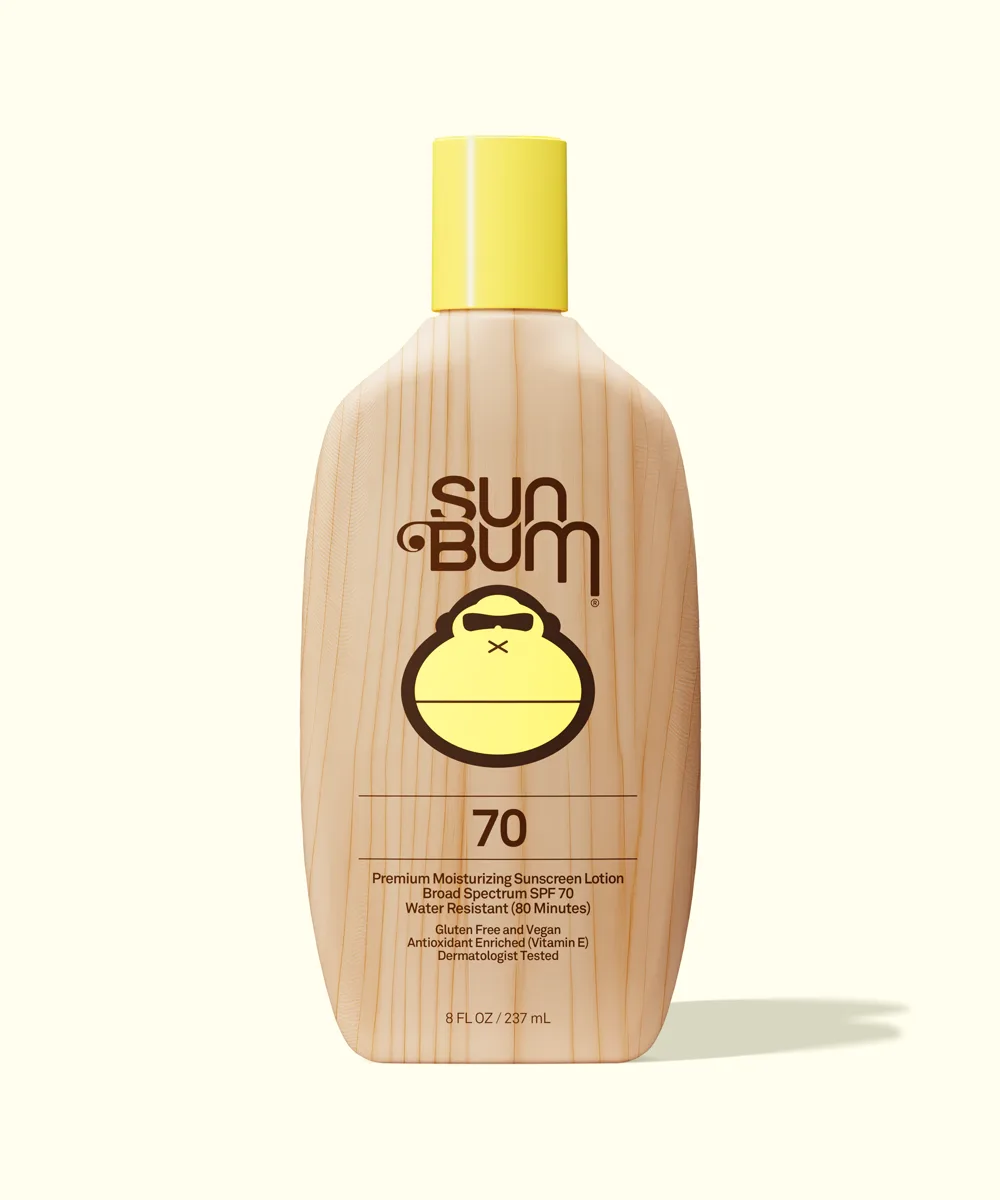 Sun Bum Original SPF 70 Sunscreen Lotion in a bright yellow squeeze tube with Sonny mascot