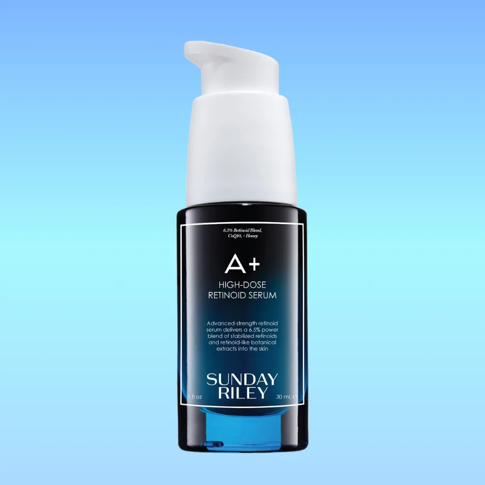 Sunday Riley A+ High-Dose Retinoid Serum in a yellow-gold airless pump bottle