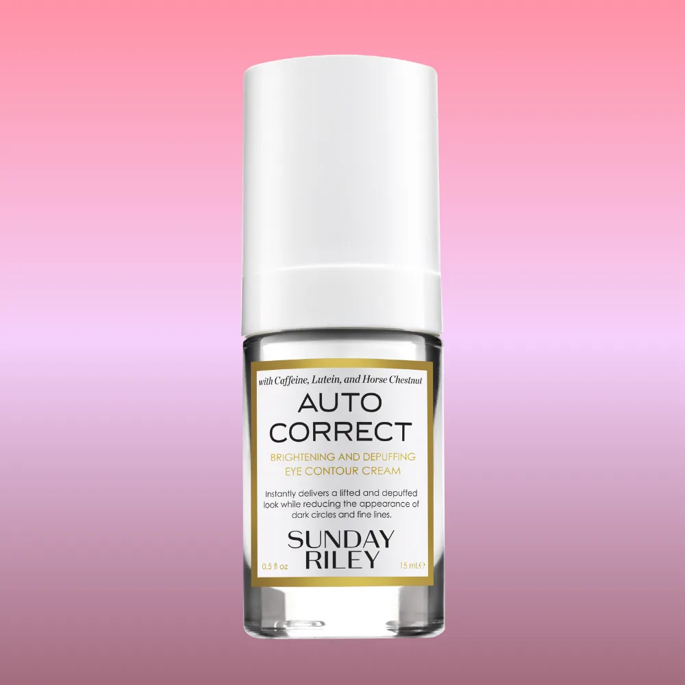 Sunday Riley Auto Correct Brightening + De-Puffing Eye Contour Cream in a dark glass pump bottle