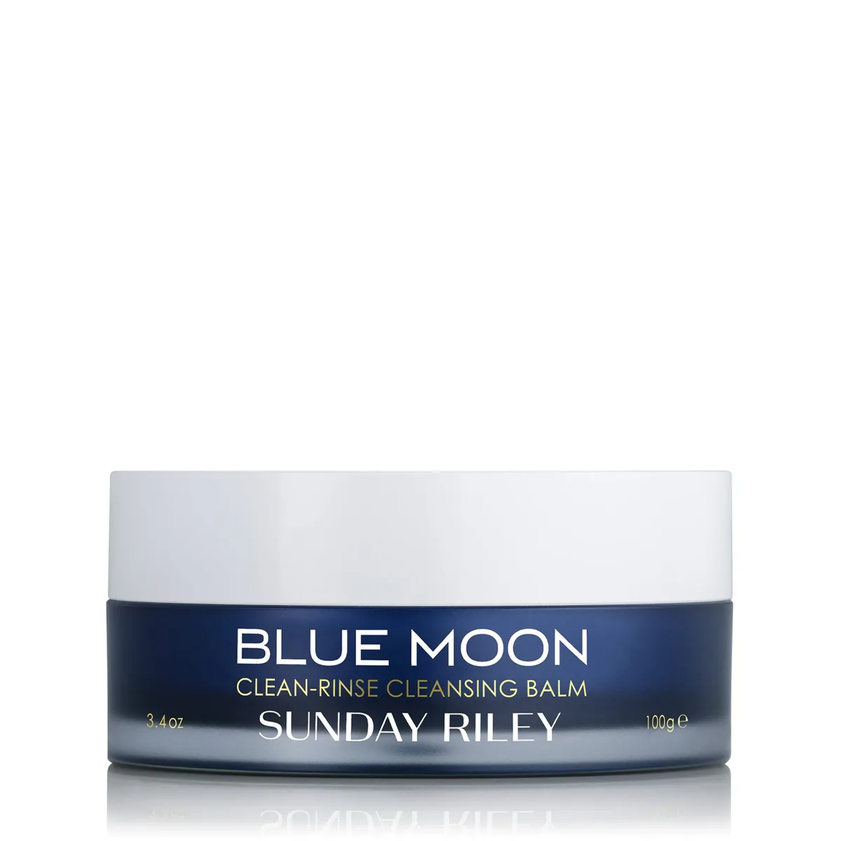 Sunday Riley Blue Moon Tranquility Cleansing Balm in glass jar showing vivid blue balm with blue lid