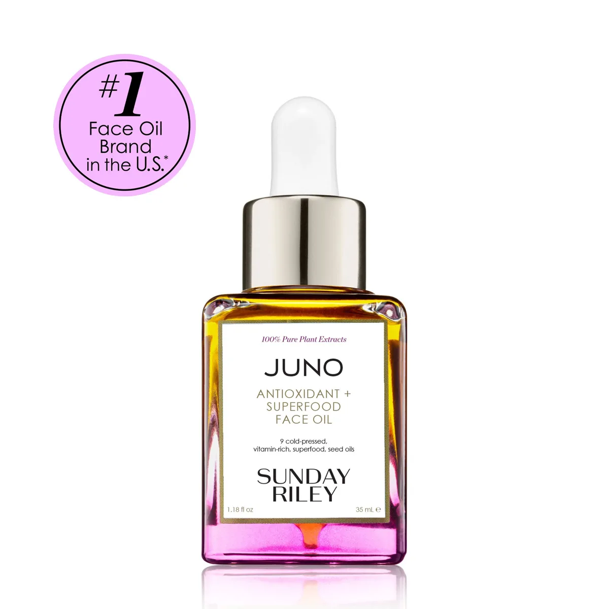 Sunday Riley Juno Antioxidant + Superfood Face Oil in an amber glass bottle with dropper