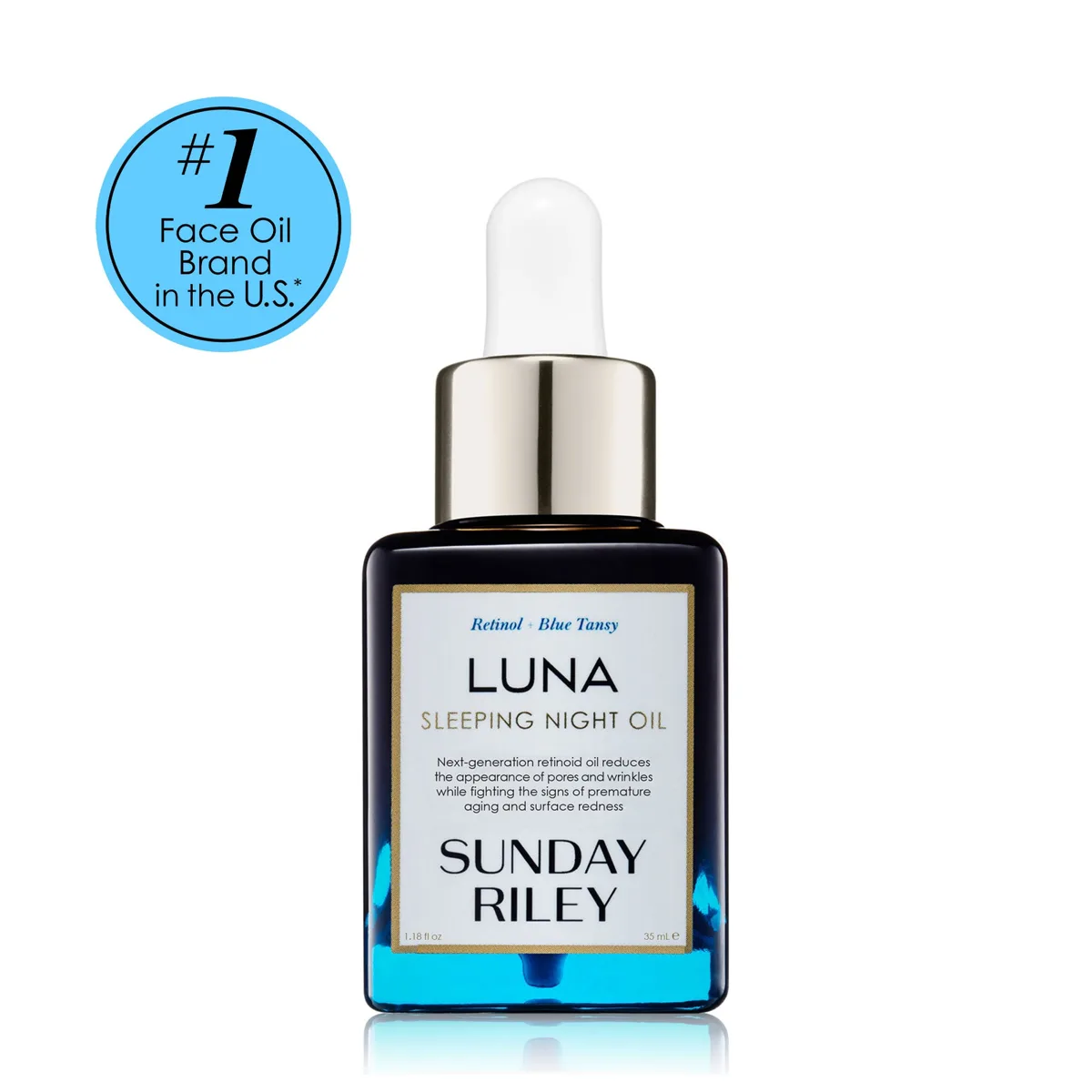 Sunday Riley Luna Sleeping Night Oil blue glass dropper bottle with gold accents