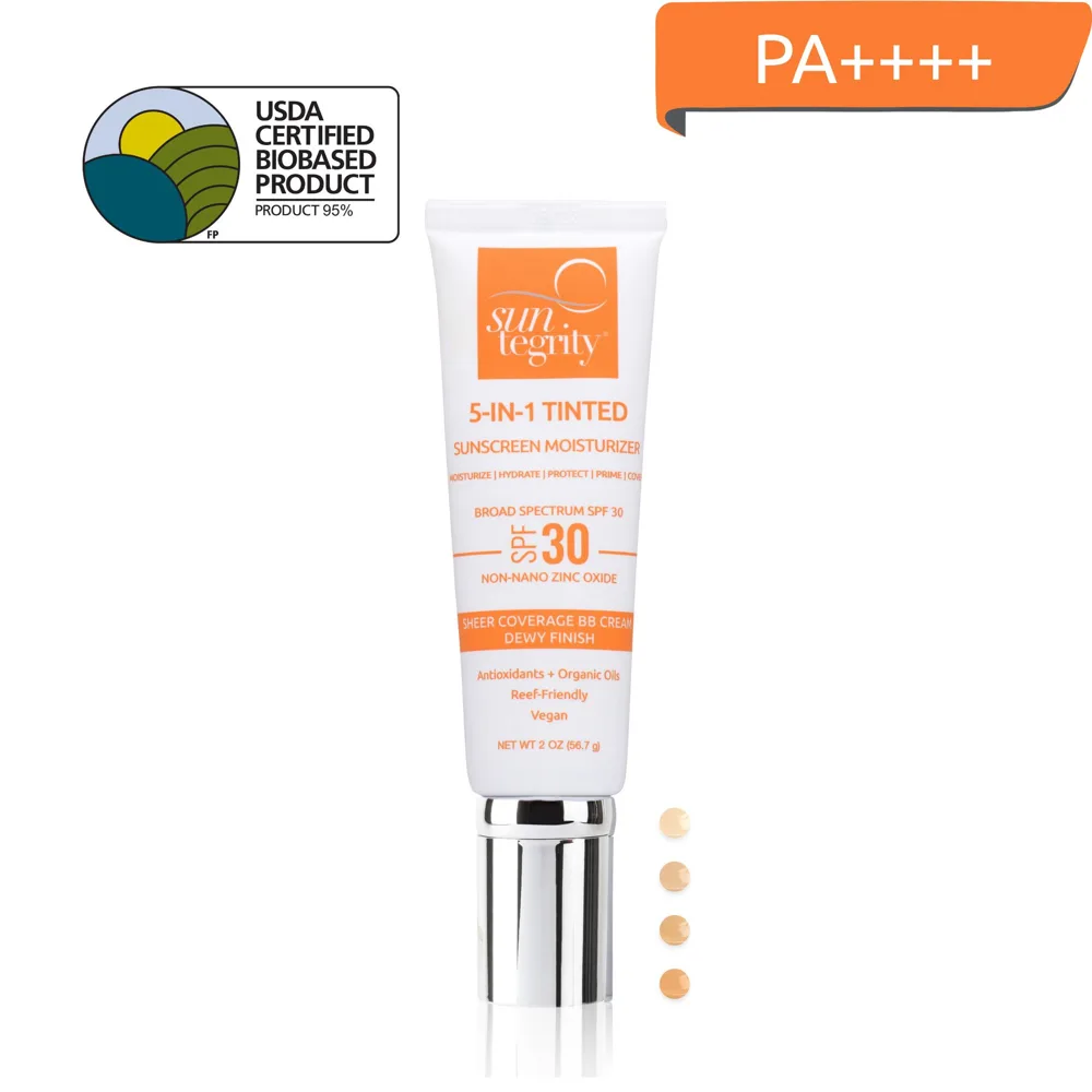 Suntegrity 5 in 1 Natural Face Sunscreen SPF 30 Tinted 1.7oz tube with teal and white clean beauty packaging