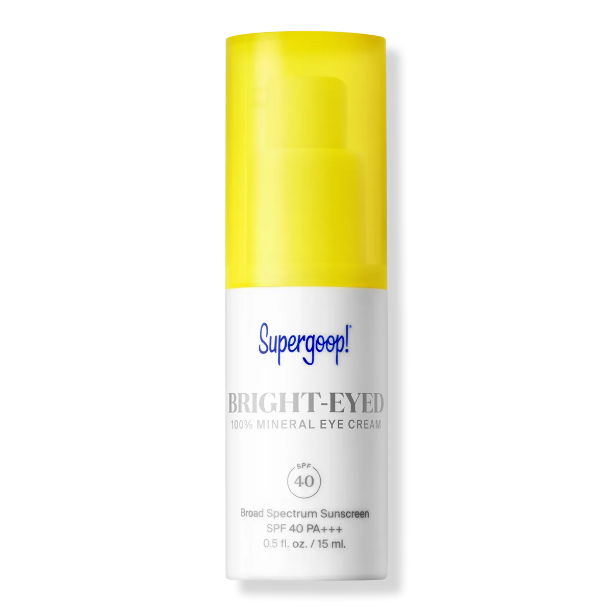 Supergoop Bright-Eyed 100% Mineral Eye Cream SPF 40 in a small coral-tinted squeeze tube