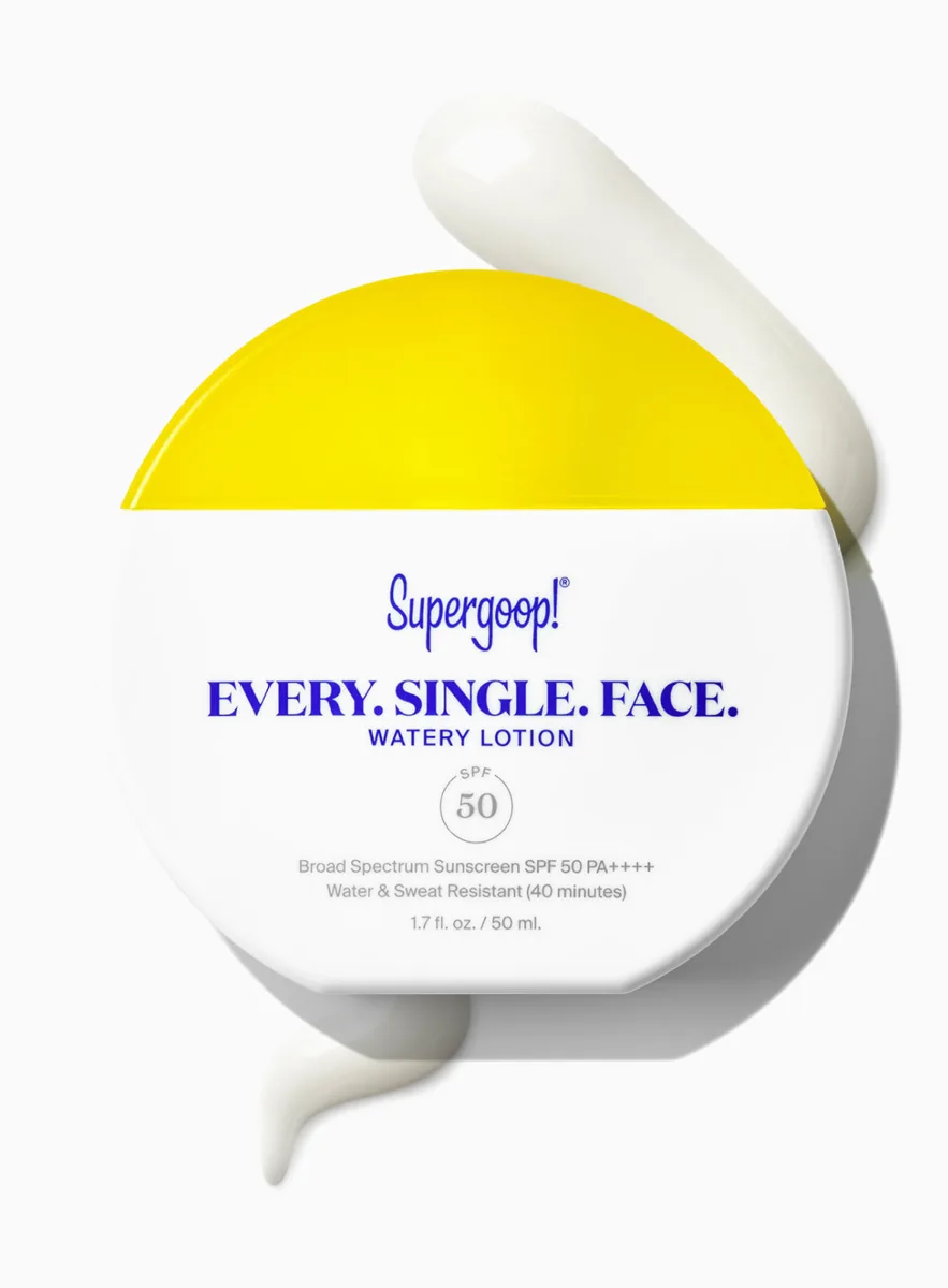 Supergoop Every Single Face Watery Lotion SPF 50 white tube with yellow accent