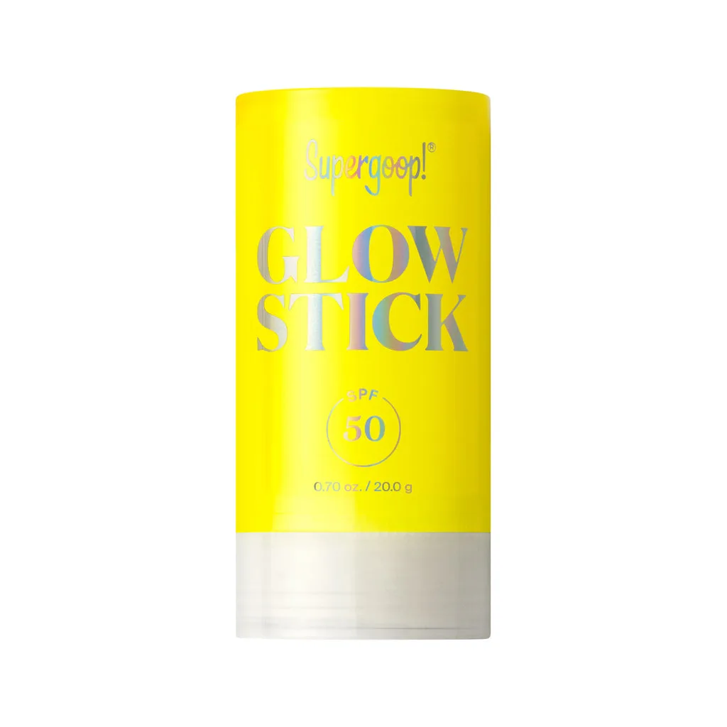 Supergoop Glow Stick SPF 50 clear twist-up tube showing golden sunscreen stick