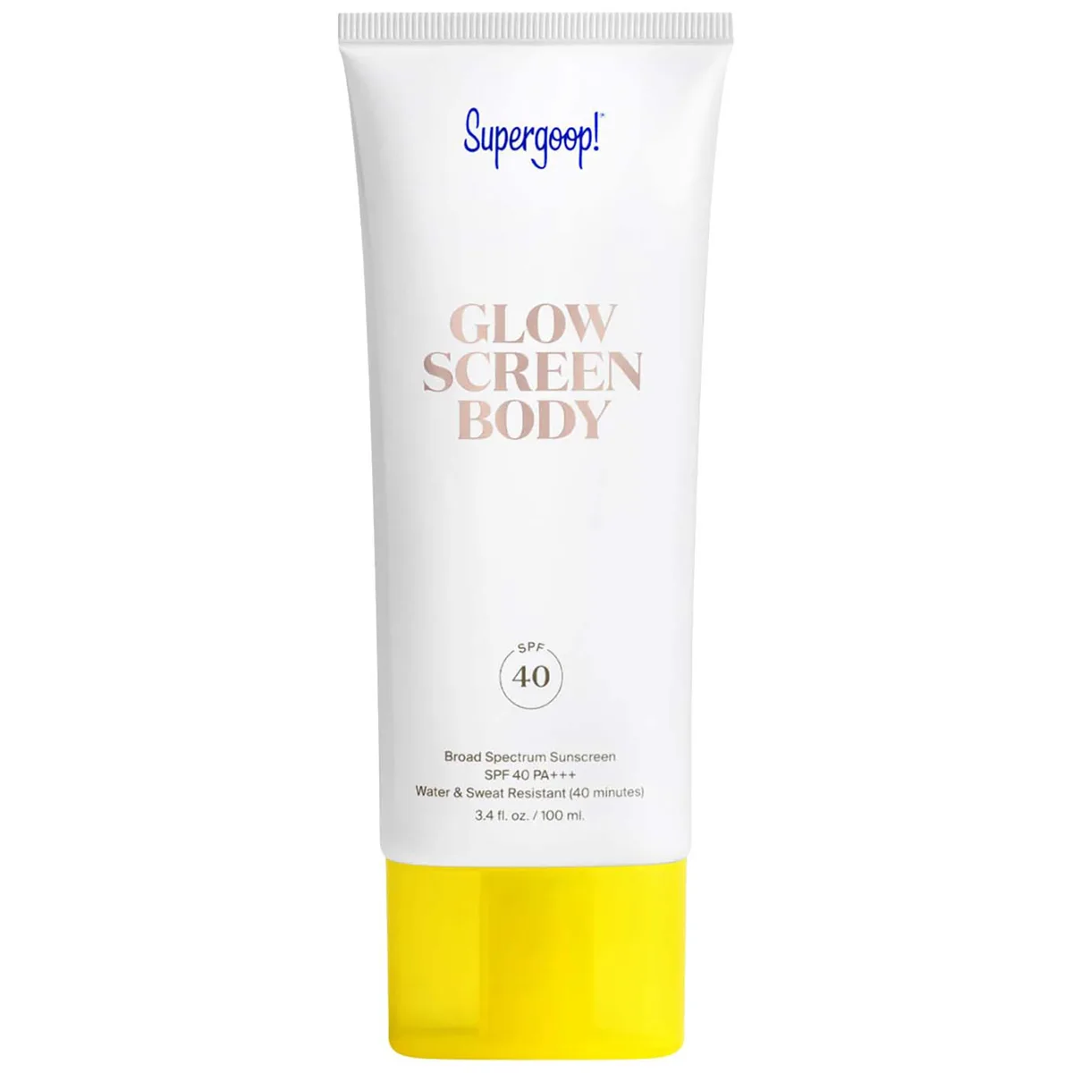 Supergoop Glowscreen Body SPF 40 white tube with pearlescent shimmer product visible through window