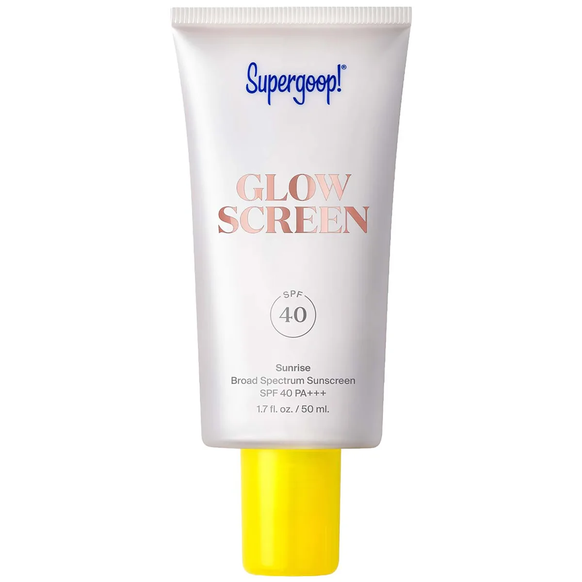 Supergoop Glowscreen SPF 40 tube with pearlescent sunscreen primer