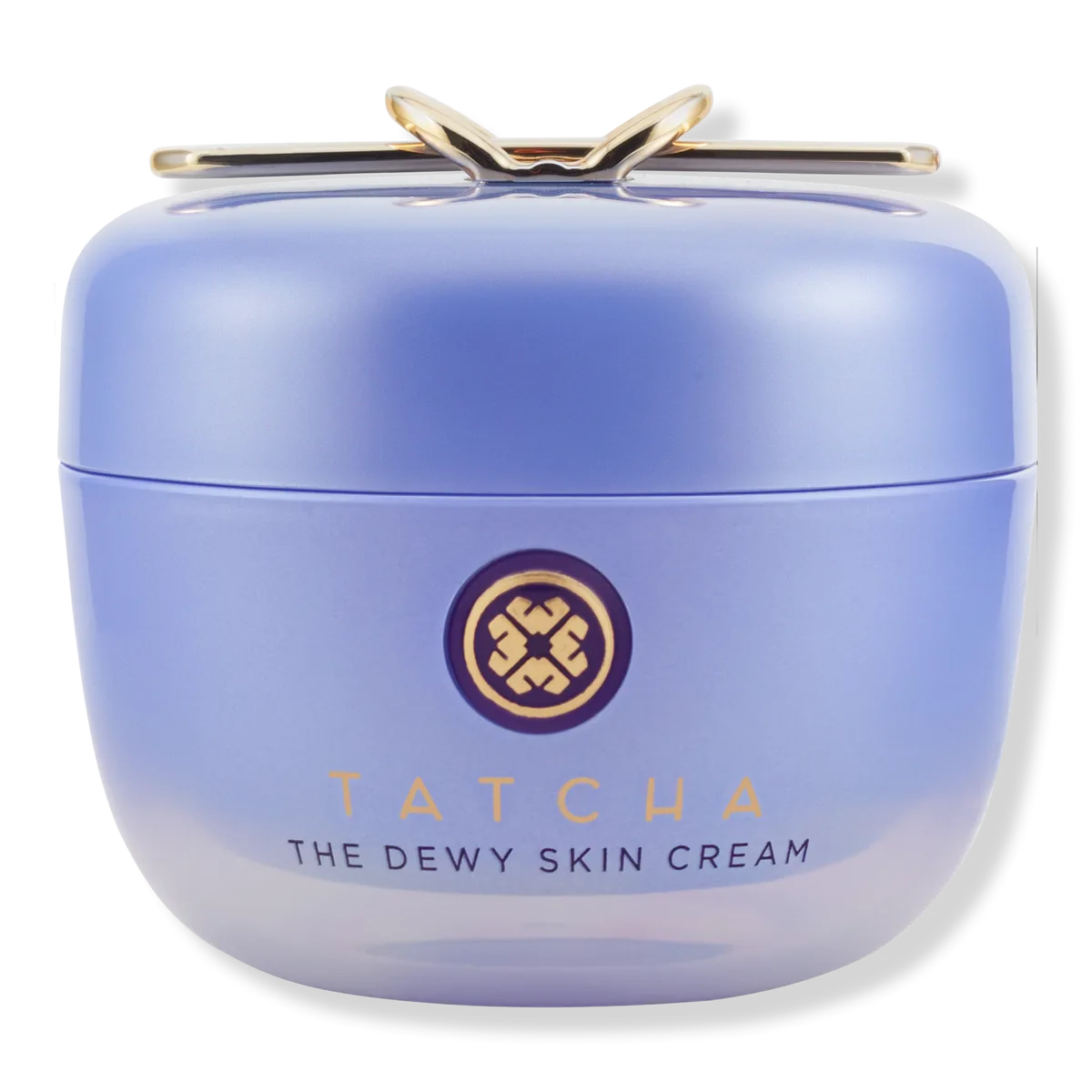 Tatcha Dewy Skin Cream in a purple glass jar with gold-accented lid