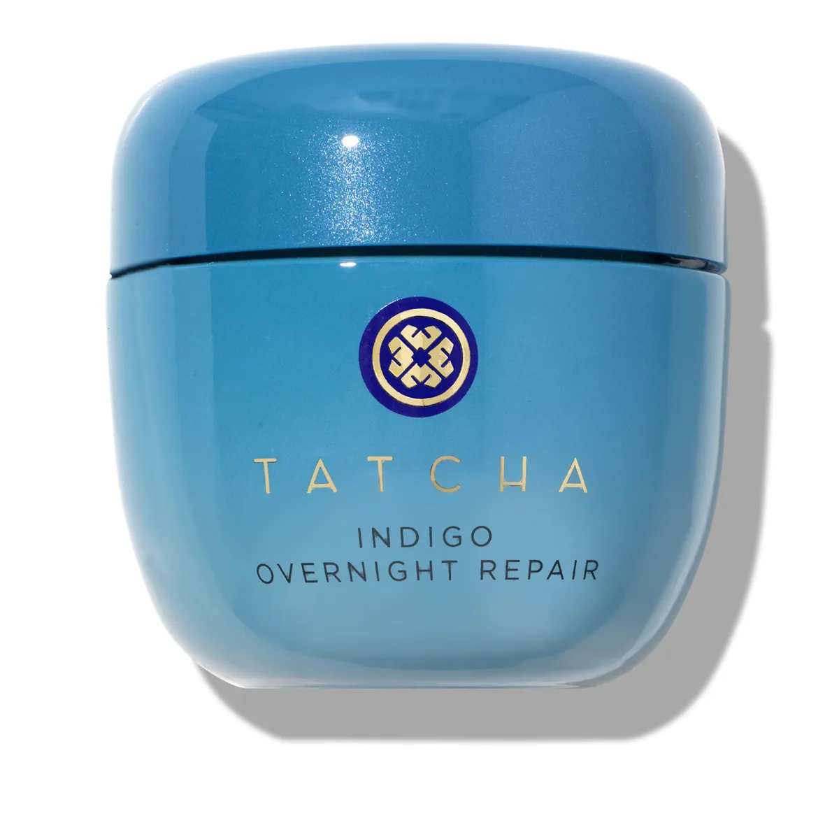 Tatcha Indigo Overnight Repair Cream navy blue glass jar with gold spatula