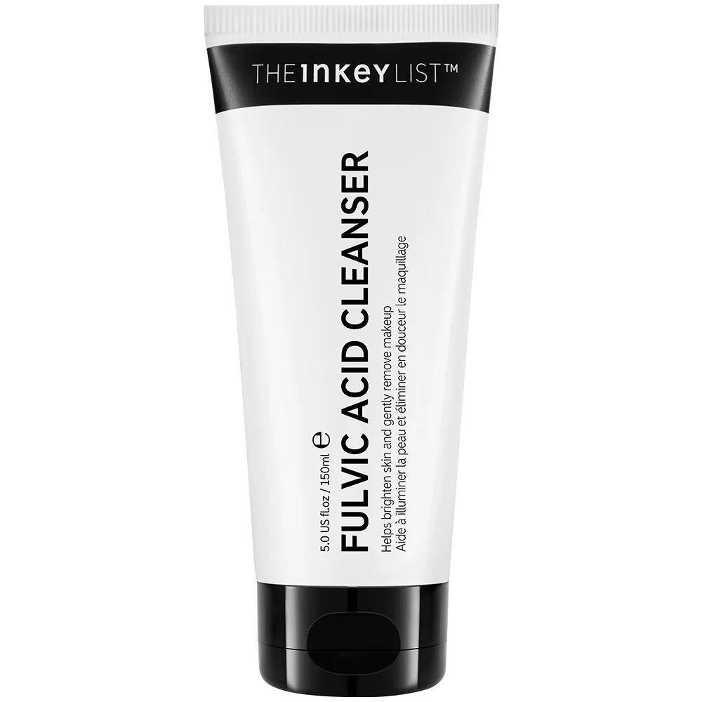 The INKEY List Fulvic Acid Brightening Cleanser in clear squeeze tube showing brown-tinted gel