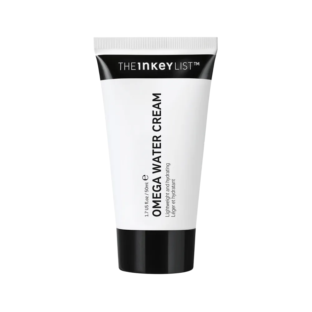 The INKEY List Omega Water Cream Moisturizer in a white squeeze tube with green accents