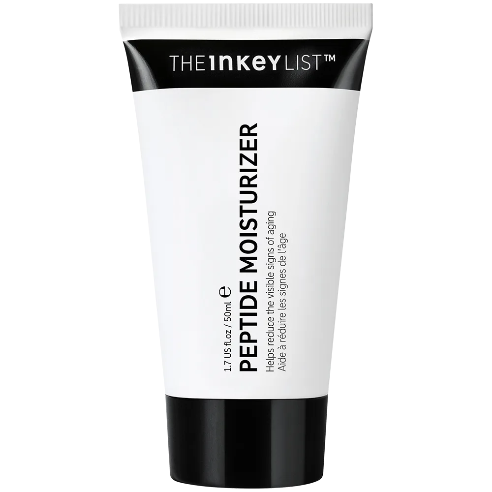 The INKEY List Peptide Moisturizer white tube with black text and pump dispenser