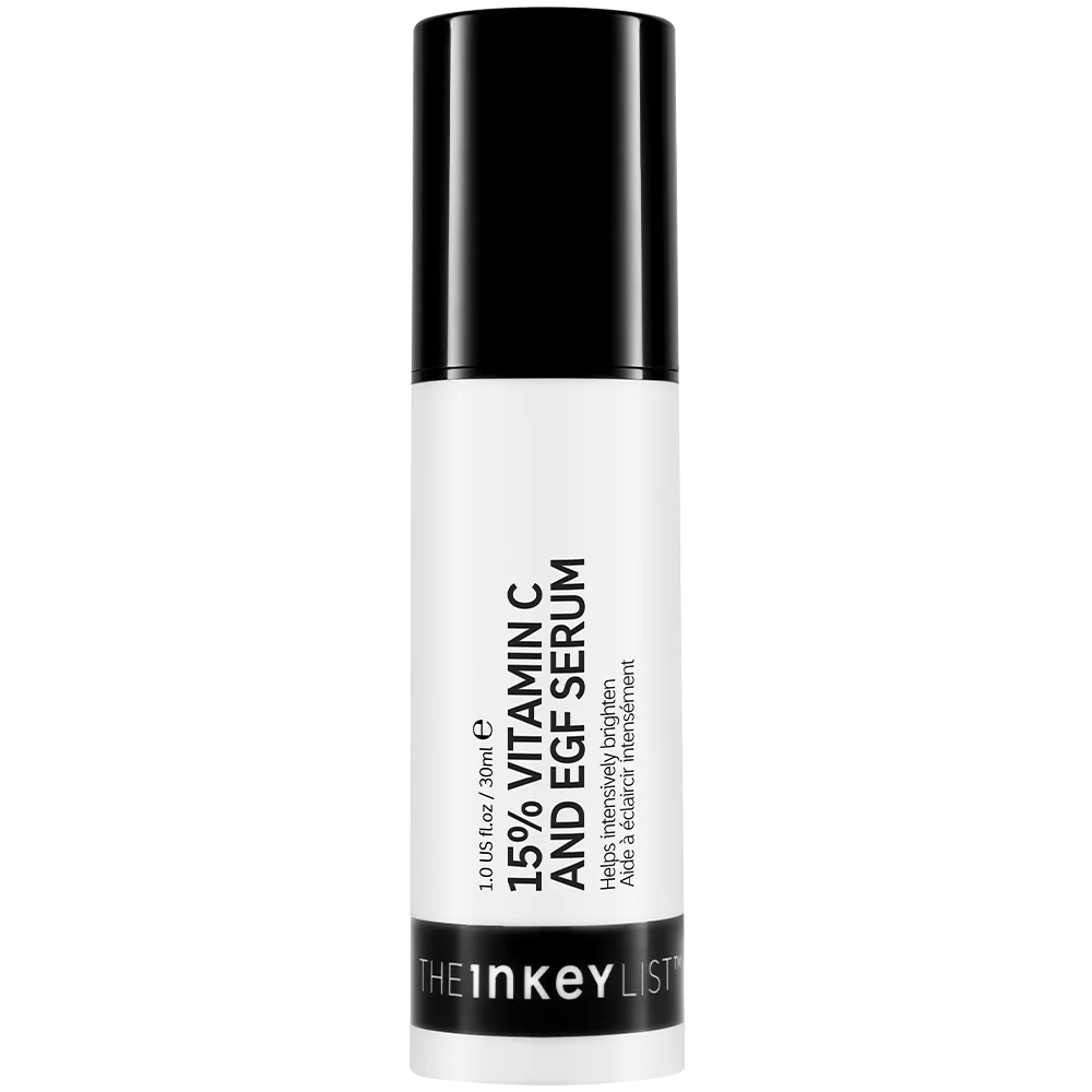 The INKEY List 15% Vitamin C and EGF Serum in an opaque pump tube with minimalist branding