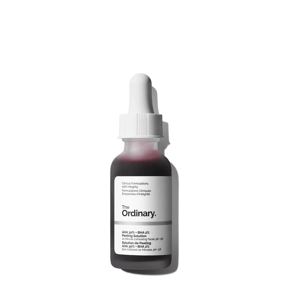The Ordinary AHA 30% + BHA 2% Peeling Solution glass dropper bottle with blood-red liquid