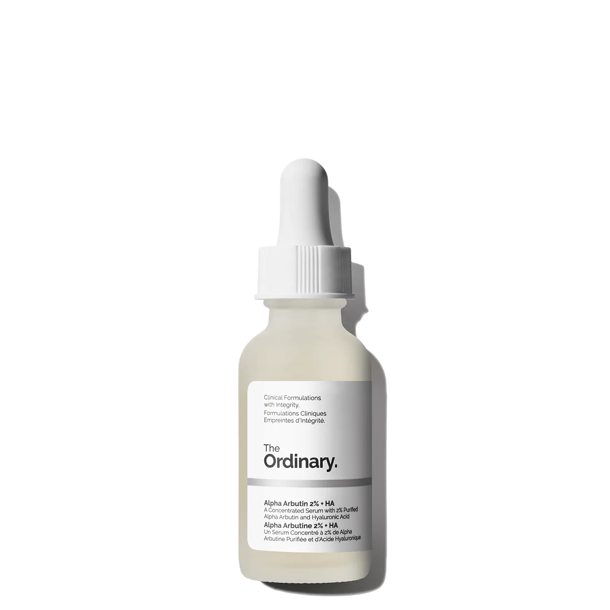 The Ordinary Alpha Arbutin 2% + HA serum in frosted glass dropper bottle
