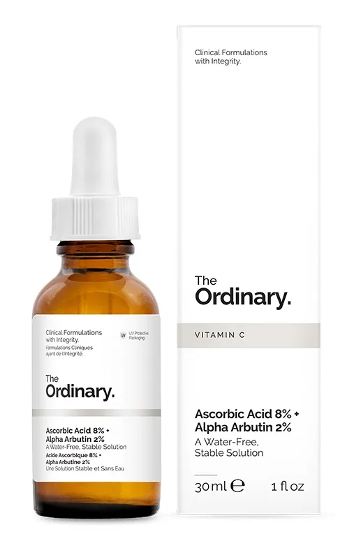 The Ordinary Ascorbic Acid 8% + Alpha Arbutin 2% serum in amber glass dropper bottle