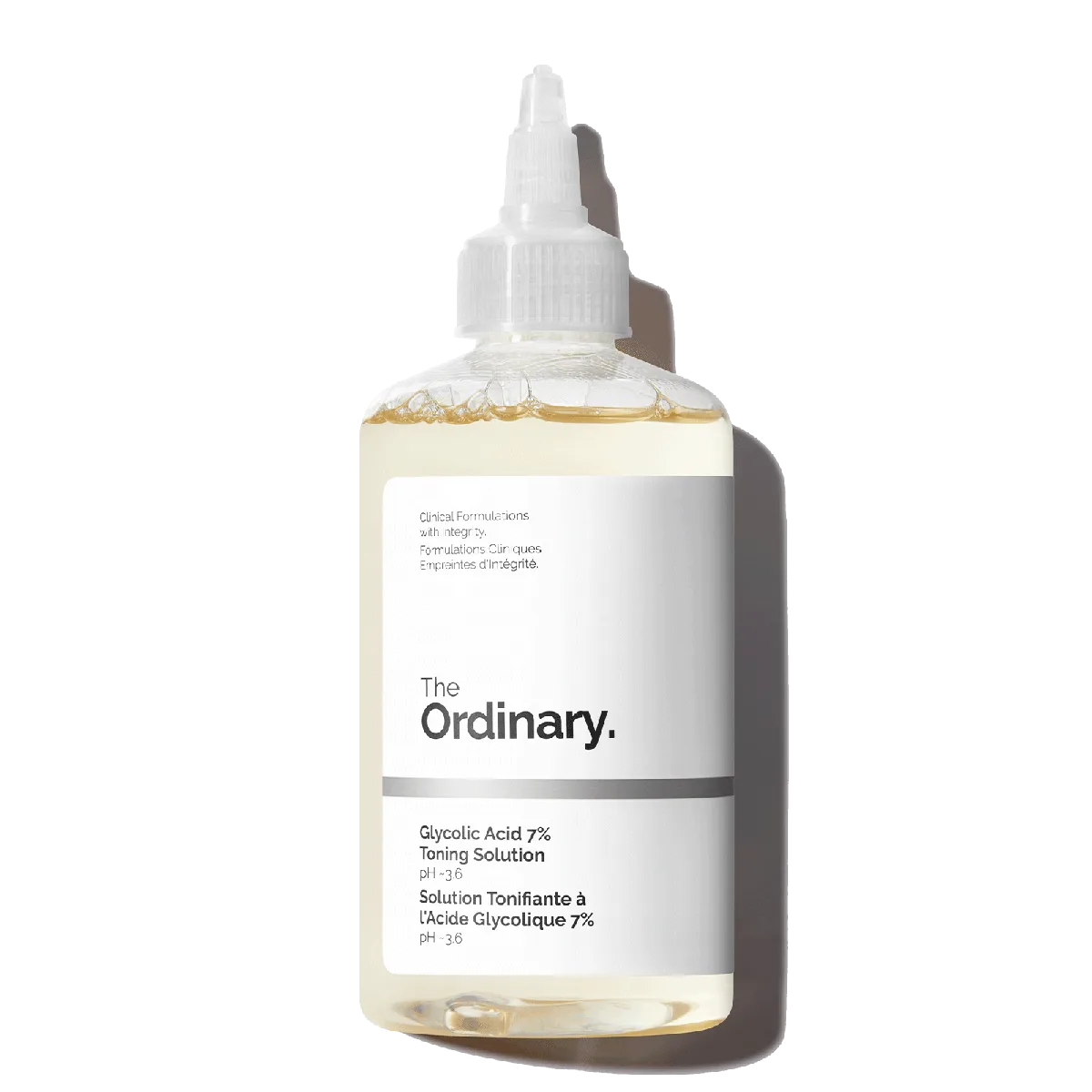 The Ordinary Glycolic Acid 7% Toning Solution bottle, a clear plastic bottle with white label containing a watery exfoliating toner