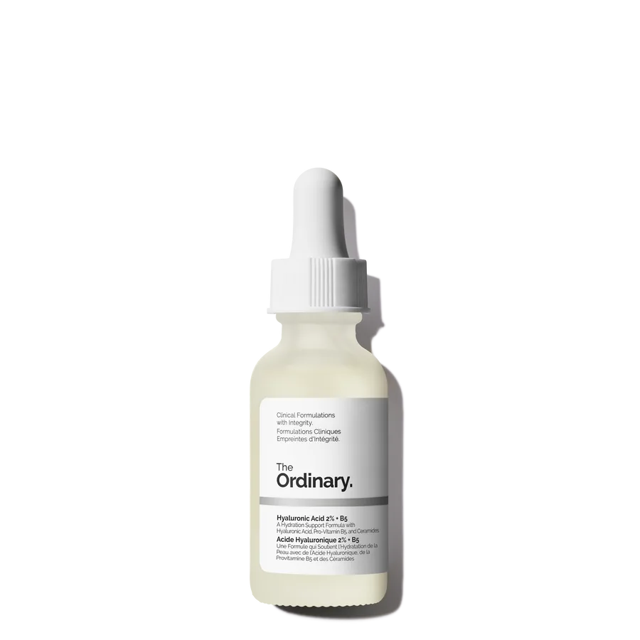The Ordinary Hyaluronic Acid 2% + B5 Hydrating Serum with Ceramides in a frosted glass dropper bottle with white label
