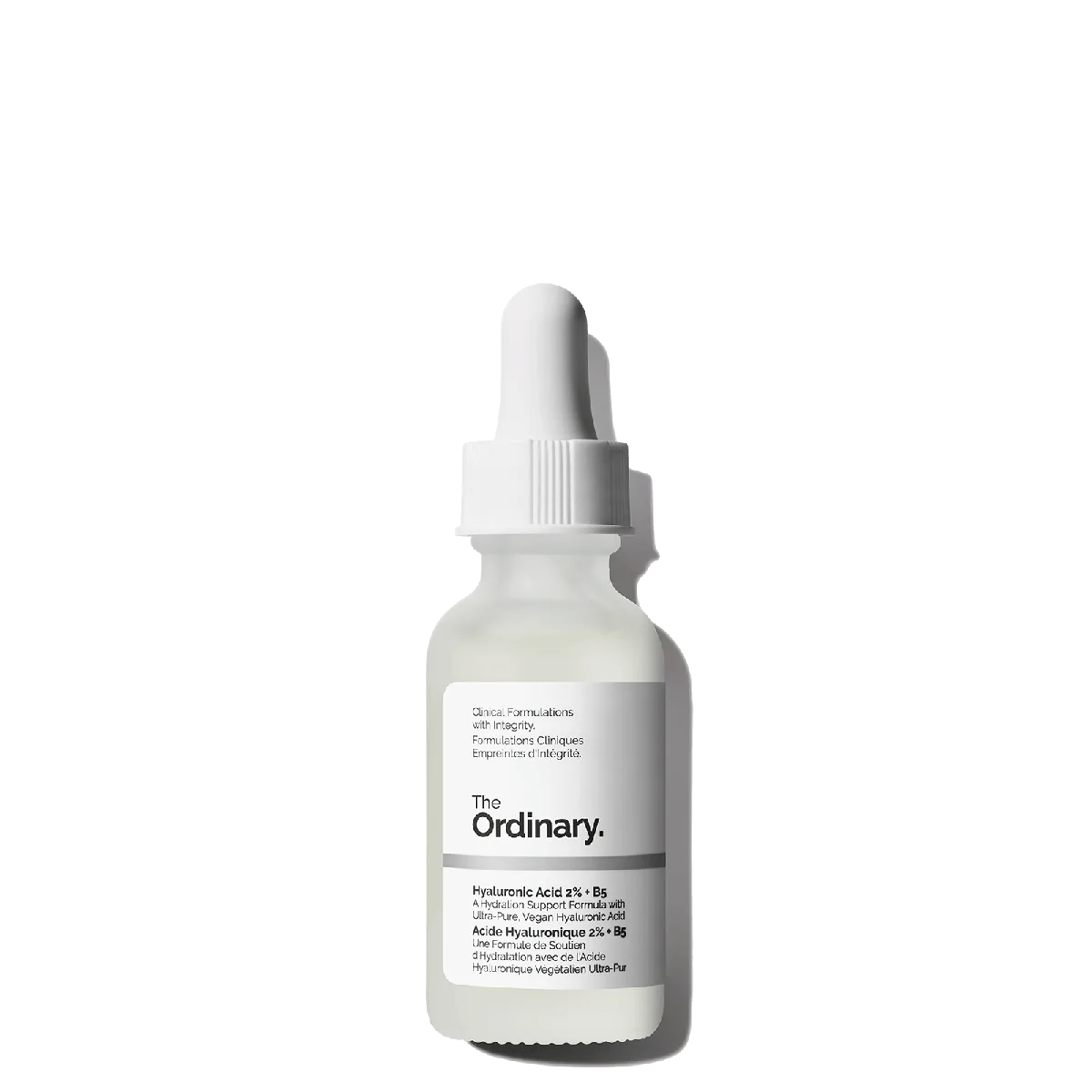 The Ordinary Hyaluronic Acid 2% + B5 serum in a frosted glass dropper bottle with white label and pipette cap