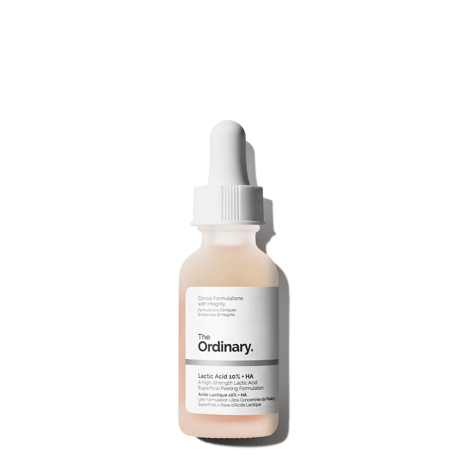 The Ordinary Lactic Acid 10% + HA serum in a frosted glass dropper bottle with white label