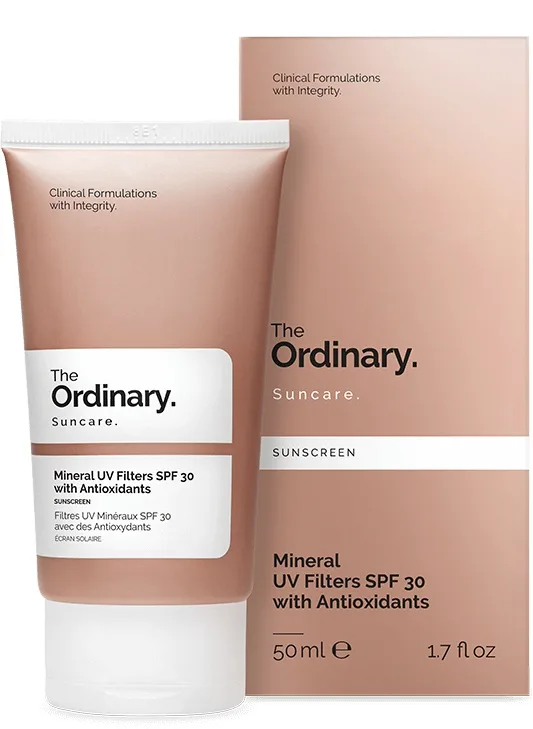 The Ordinary Mineral UV Filters SPF 30 with Antioxidants in white squeeze tube