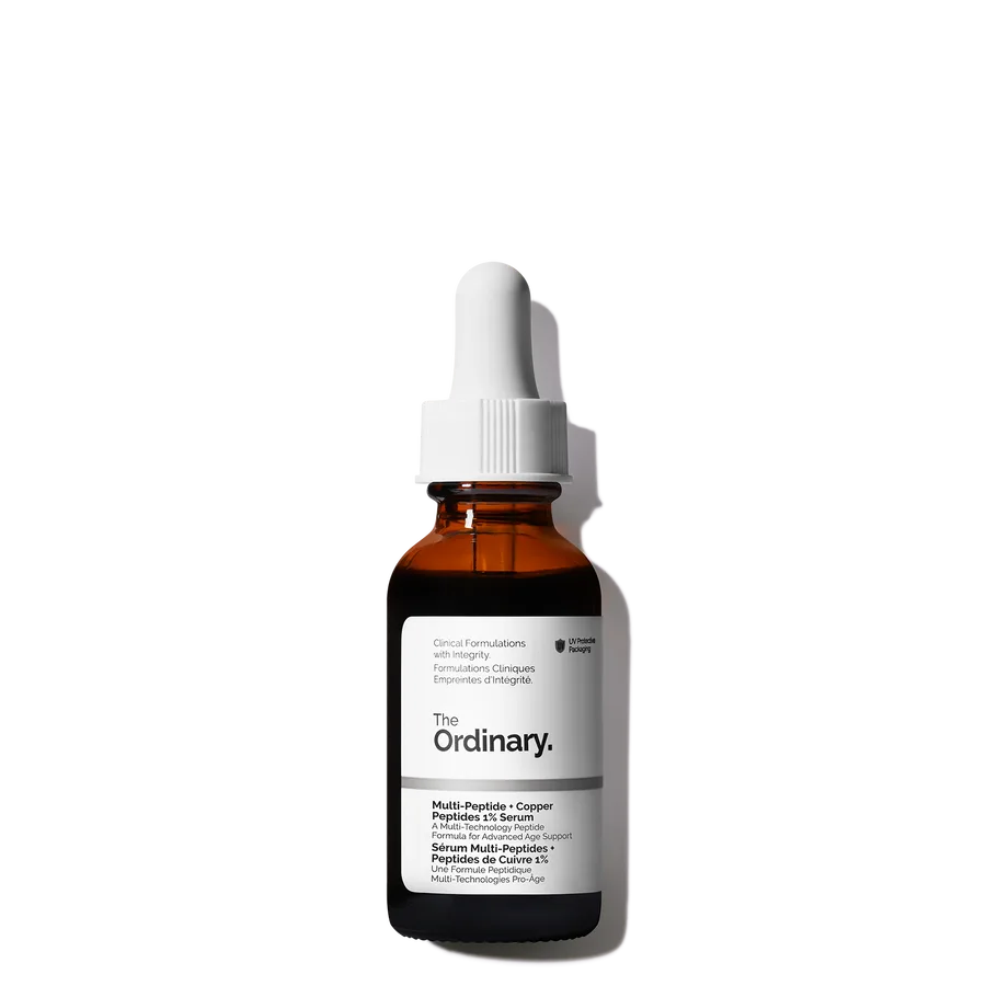 The Ordinary Multi-Peptide + Copper Peptides 1% Serum in a frosted glass dropper bottle with a distinctive blue-tinted serum visible