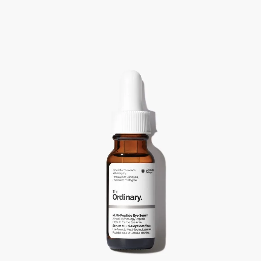 The Ordinary Multi-Peptide Eye Serum in a small frosted glass bottle with narrow dropper tip and white label