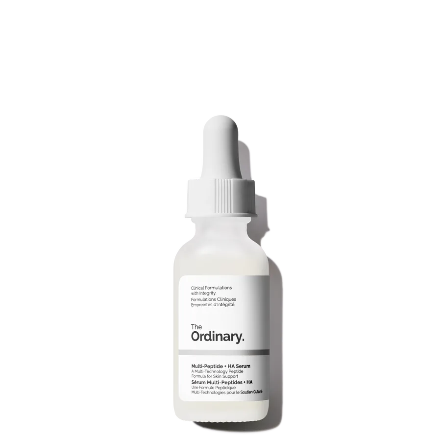 The Ordinary Multi-Peptide + HA Serum in a frosted glass dropper bottle with white label and pipette cap