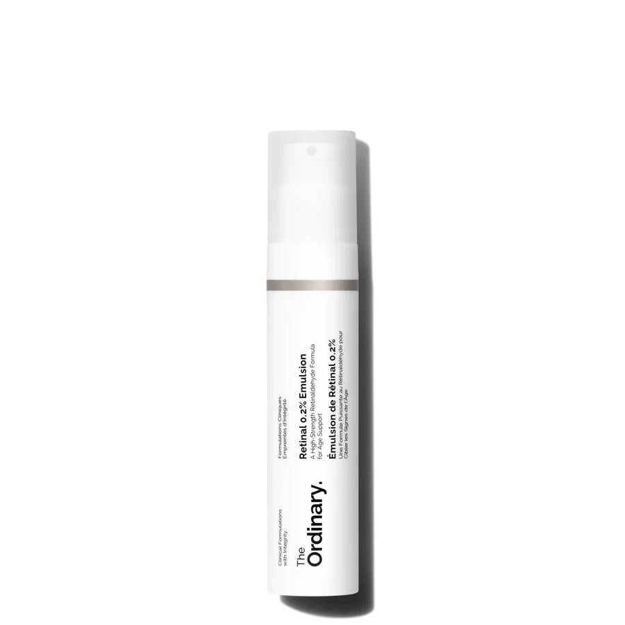 The Ordinary Retinal 0.2% Emulsion in a small frosted glass dropper bottle with white label containing a pale yellow emulsion