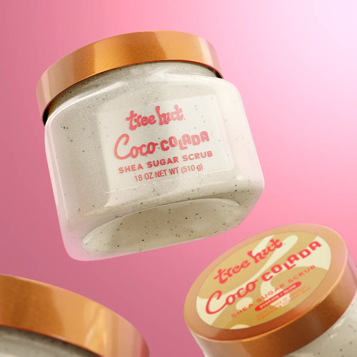 Tree Hut Coco Colada Shea Sugar Scrub in white plastic tub with tropical label