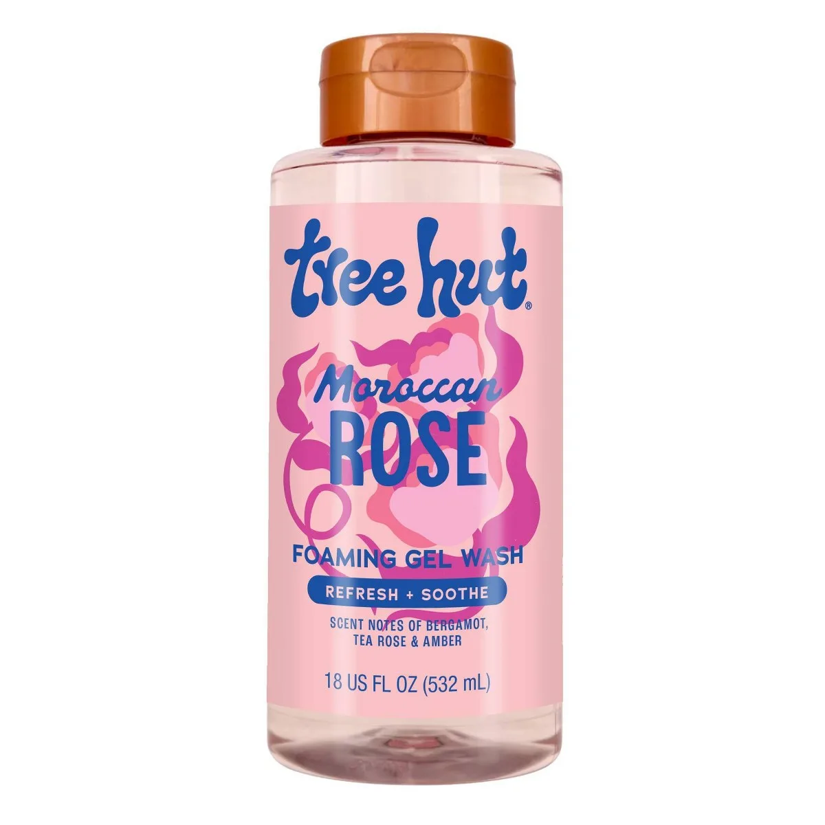 Tree Hut Moroccan Rose Foaming Gel Body Wash 18 fl oz bottle with rose-themed design