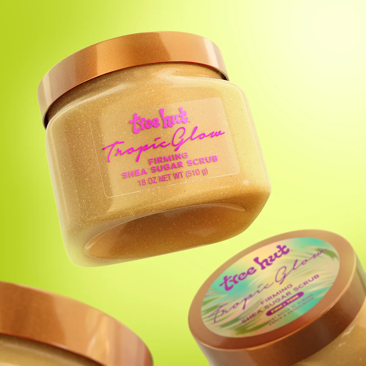 Tree Hut Tropic Glow Firming Shea Sugar Scrub in plastic tub with tropical label