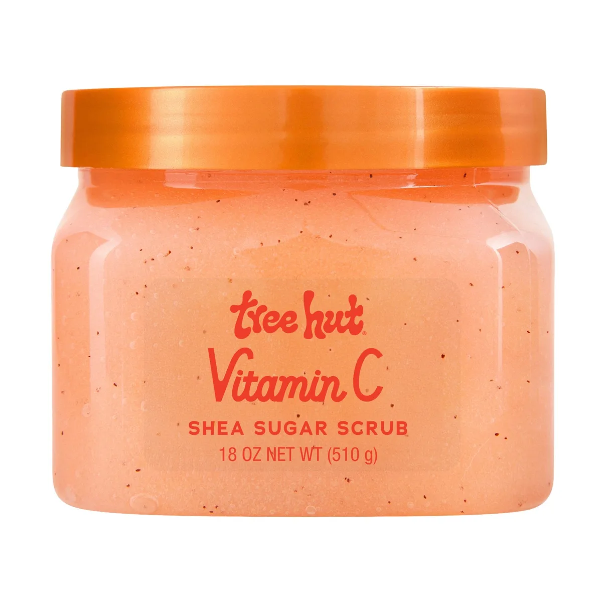 Tree Hut Vitamin C Shea Sugar Scrub in orange-labeled plastic tub
