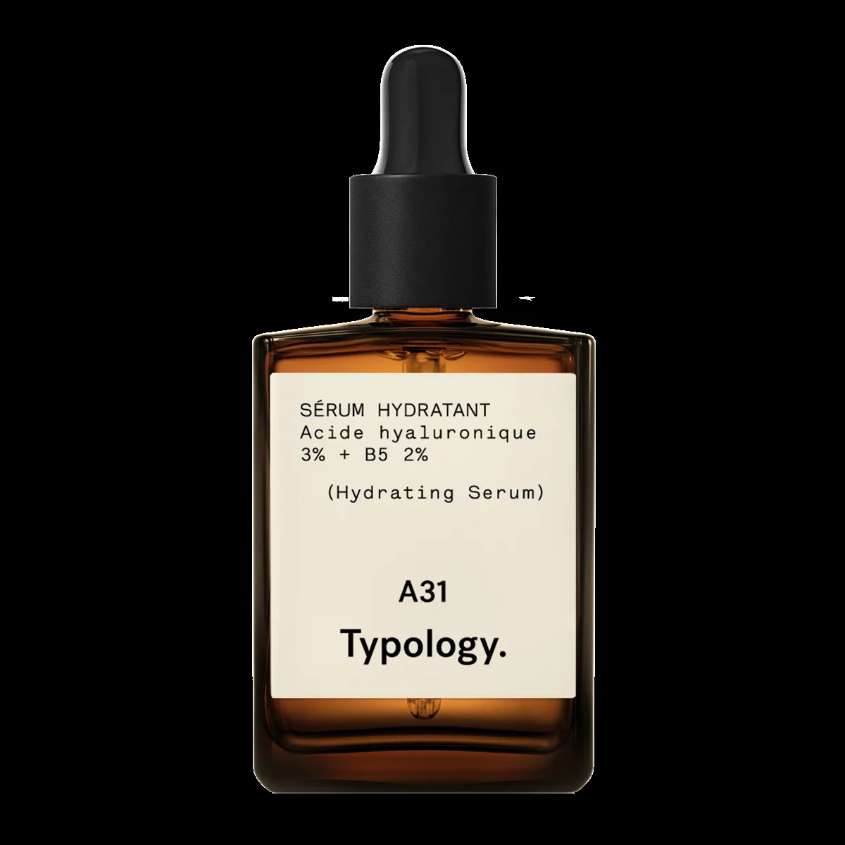 Typology Hyaluronic Acid 2% + Vitamin B5 Serum in a 30ml amber glass dropper bottle