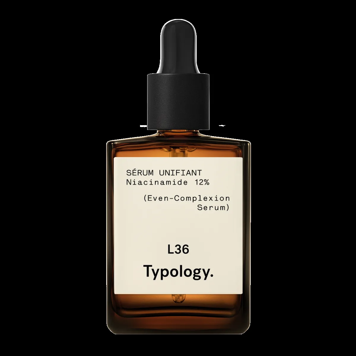 Typology Niacinamide 12% + Zinc Serum in a 30ml amber glass dropper bottle