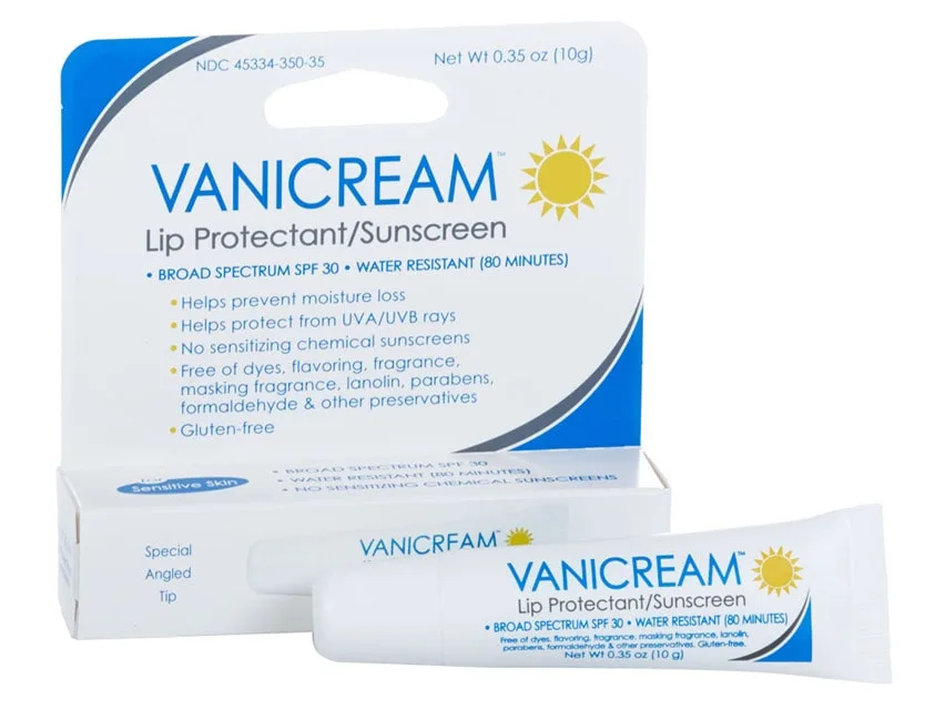 Vanicream Lip Protectant SPF 30 white squeeze tube with mineral sunscreen for sensitive lips