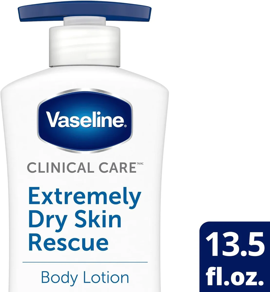 Vaseline Clinical Care Extremely Dry Skin Rescue Healing Moisture Lotion 13.5 oz white pump bottle with blue clinical design