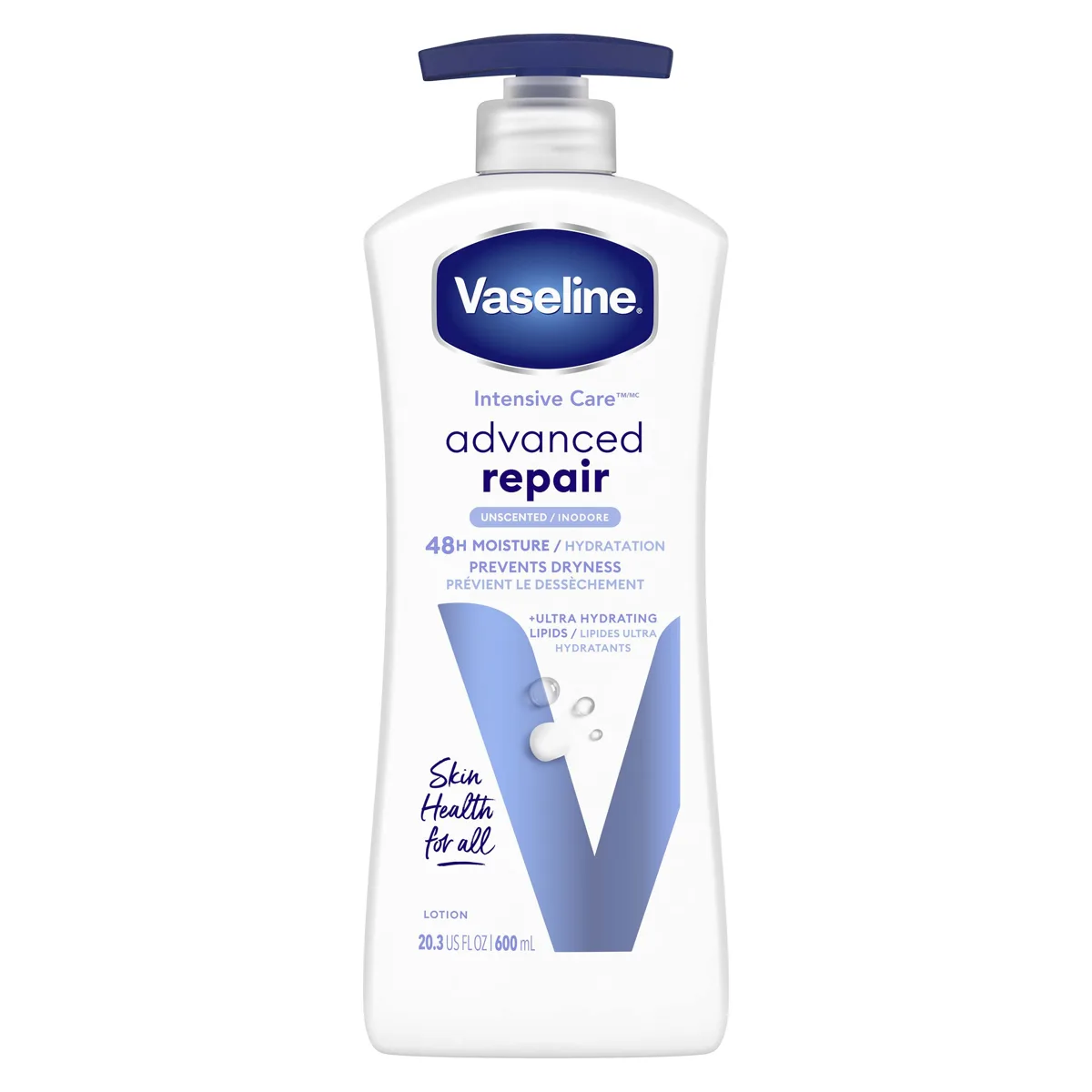 Vaseline Intensive Care Advanced Repair Unscented Lotion 20.3 fl oz white bottle with blue and teal branding