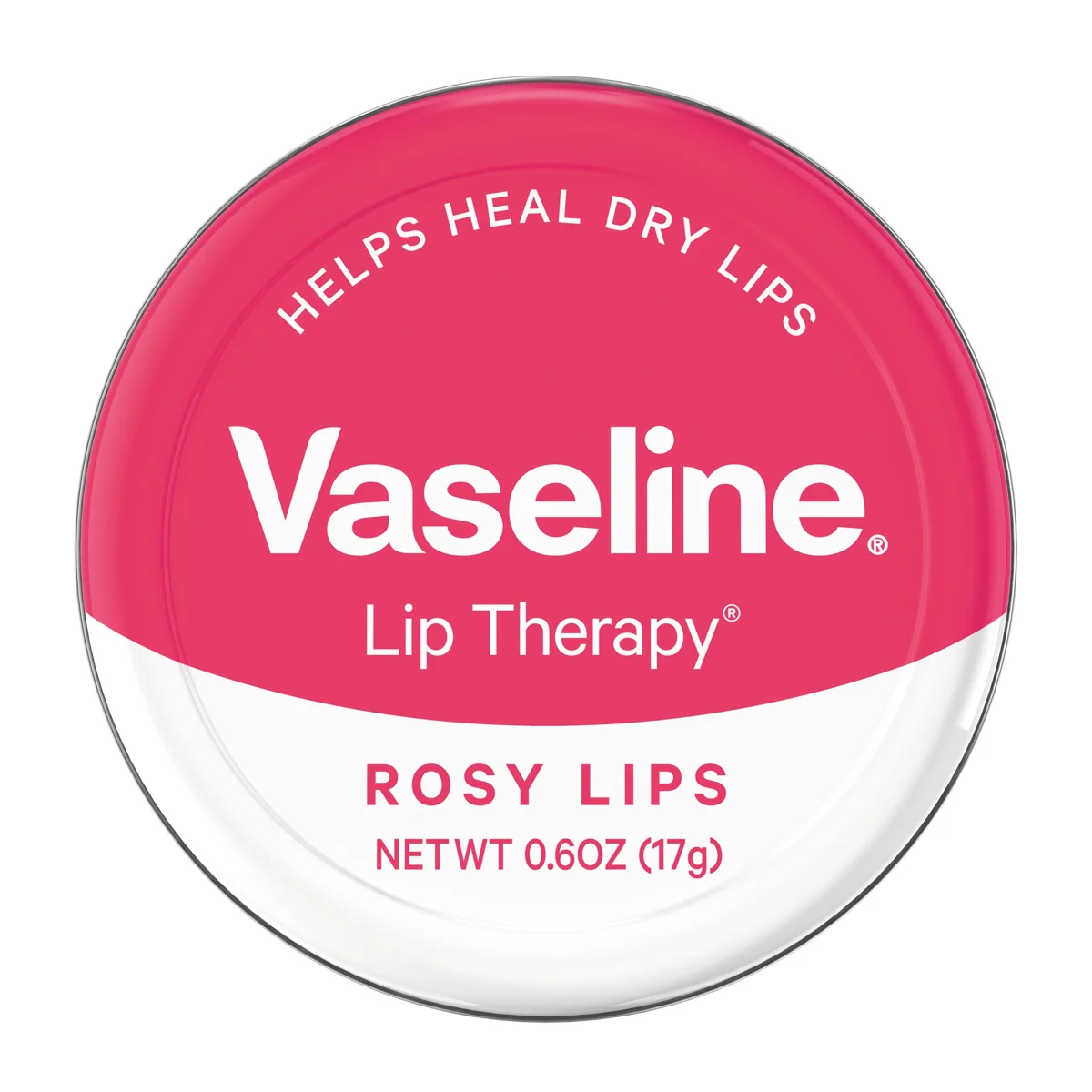 Vaseline Lip Therapy Rosy Lips 0.6 oz round steel tin with pink branding