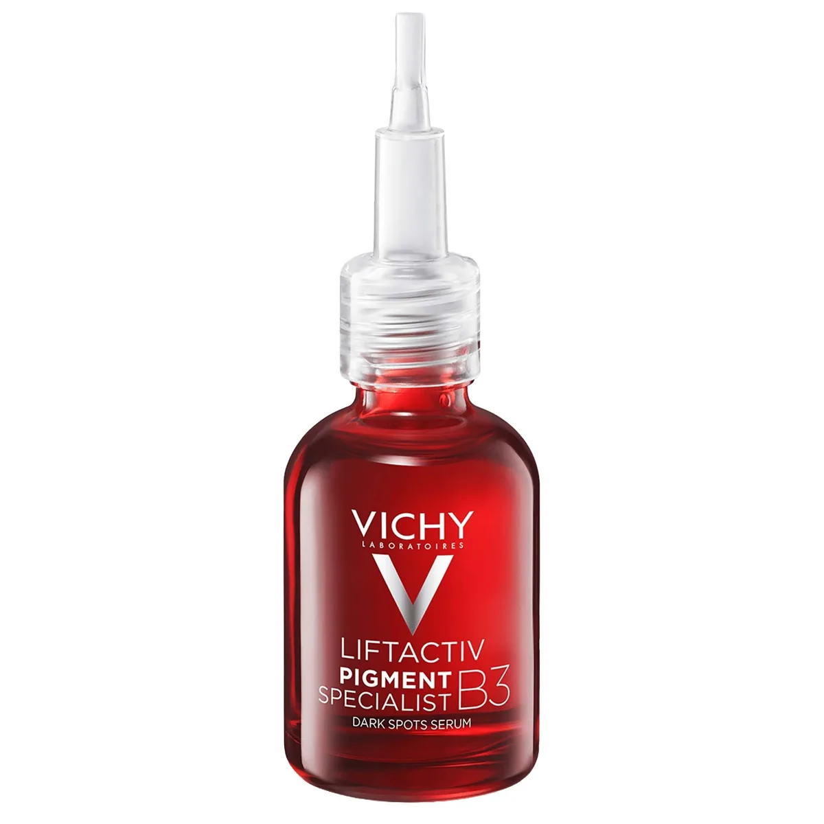 Vichy LiftActiv B3 Dark Spot Serum in dark burgundy glass bottle with precision dose applicator, 30 mL