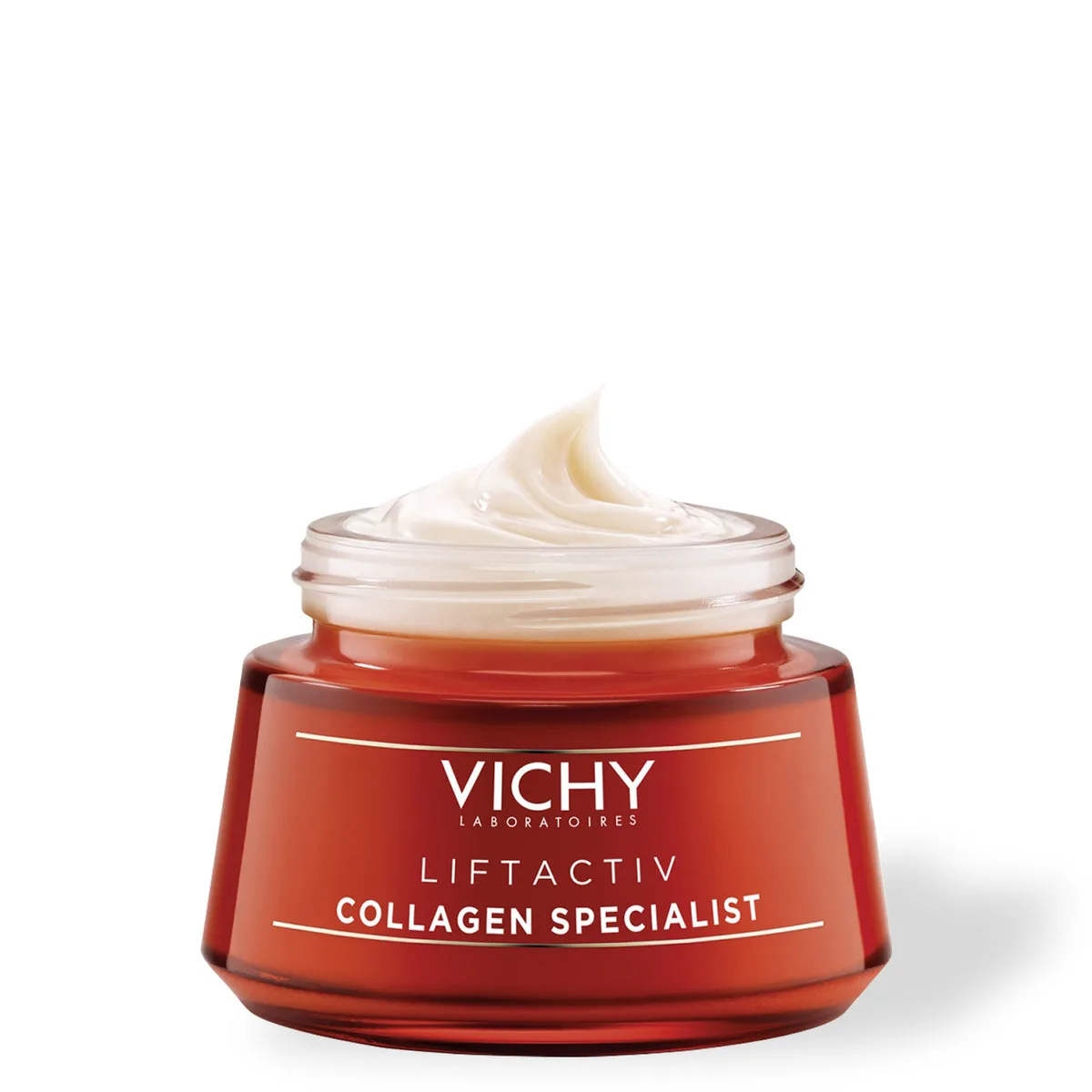 Vichy LiftActiv Collagen Specialist anti-aging day cream in white glass jar with coral accent lid, 50 mL