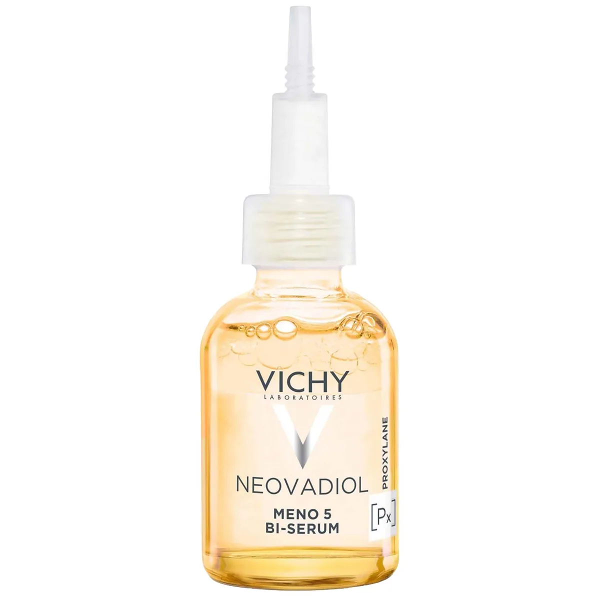 Vichy Neovadiol Meno 5 Bi-Serum 30 mL clear glass bottle showing the two-phase oil-and-water formula