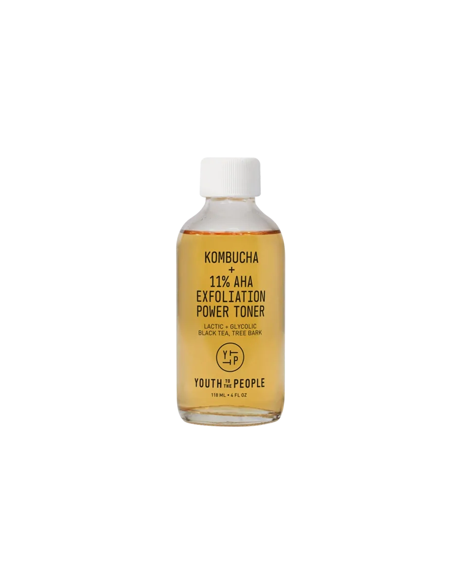 Youth to the People Kombucha + 11% AHA Exfoliation Power Toner in a frosted glass bottle with minimalist label