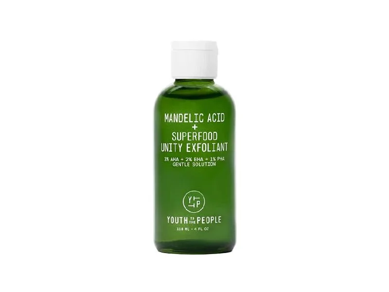 Youth to the People Mandelic Acid + Superfood Unity Exfoliant in a frosted glass bottle with green and white label